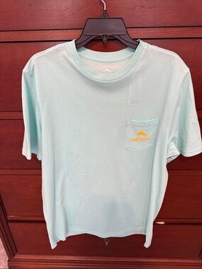 Tommy Bahama Light Aqua Pocket Tee with Yellow Logo